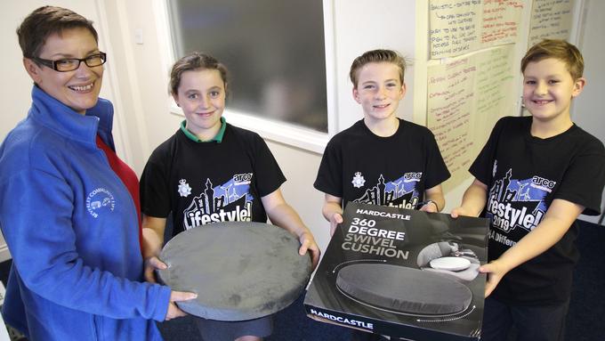 Youngsters Make Cushions Donation to Beverley Community Lift. L-R: Fiona, Jasmine, Joe and Louis